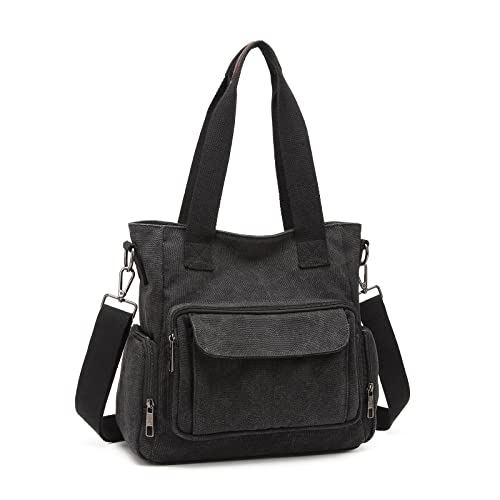 KONO Canvas Damen Handtasche Casual Hobo Umhängetasche Top Griff Umhängetasche Tote Umhängetaschen für Arbeit, Reisen, Einkaufen (Schwarz) von KONO