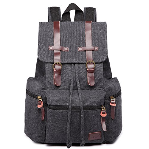 KONO Canvas Rucksack Unisex Vintage Rucksack Schultasche Leder Casual Daypack für Damen Herren Jungen Mädchen Outdoor Reisen Wandern Camping (Schwarz) von KONO