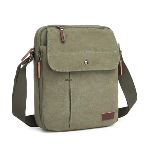 KONO Canvas Umhängetasche Retro Umhängetasche mit Mehreren Taschen Damen Herren, ideal zum Arbeiten & Einkaufen (Grün) von KONO