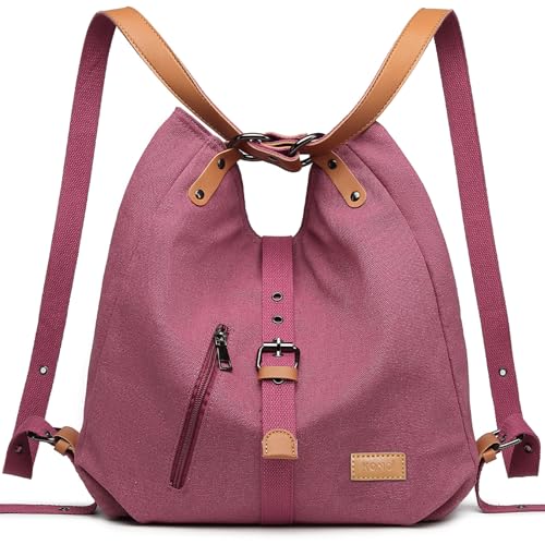 KONO Canvas Handtasche Damen Rucksackhandtaschen Rucksack 2 in 1 Handtasche Damen Stoff Verstellbare Schultergurte für Alltag Büro Schule Ausflug Einkauf(Rosa) von KONO