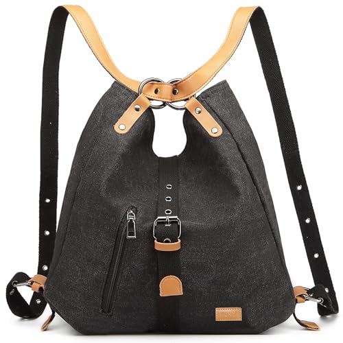 KONO Damen Rucksackhandtaschen Rucksack Canvas Handtasche 2 in 1 Vintage Damen Umhängetasche Verstellbare Schultergurte für Alltag Büro Schule Ausflug Einkauf(Schwarz) von KONO