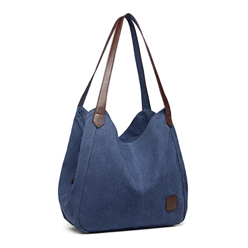 KONO Damen Canvas Schultertasche Vintage Hobo Handtasche Umhängentasche Shopper Tasche für Arbeit Schule Reise(Navy) von KONO