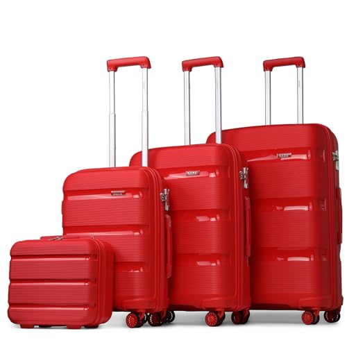 KONO Gepäck-Sets Koffer Trolleys mit Beautycase Set 4 Teilig Reisegepäck Hartschalenkoffer Reisekoffer mit 4 Rollen und TSA Schloss (Kofferset mit Kosmetikkoffer, Rot) von KONO