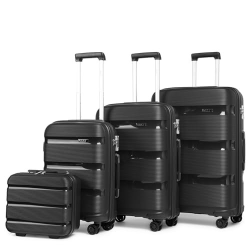 KONO Gepäck-Sets Koffer Trolleys mit Beautycase Set 4 Teilig Reisegepäck Hartschalenkoffer Reisekoffer mit 4 Rollen und TSA Schloss (Kofferset mit Kosmetikkoffer, Schwarz) von KONO