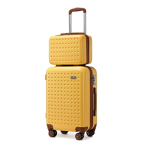 KONO Handgepäck Koffer Set mit Kosmetikkoffer Reisegepäck-Sets Beautycase Koffer Trolleys 100% ABS Reisekoffer Hartschalenkoffer Rollkoffer TSA-Schloss Gelb von KONO