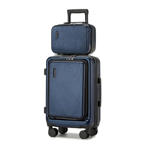 KONO Koffer Set 2 teilig einbeziehen Hartschale Beautycase und Handgepäck Koffer mit Frontfach und Laptopfach leicht aus ABS PC mit Rollen für Business und Reisen(Kofferset 2tlg,Dunkelblau) von KONO
