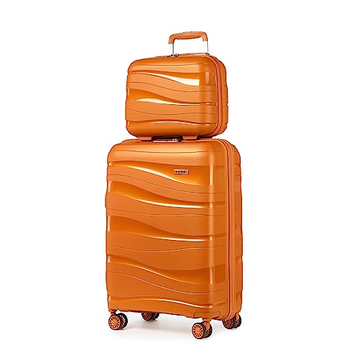 KONO Koffer Trolleys Gepäcksets 2 Teilig Kofferset mit Beautycase Polypropylen Hartschalenkoffer Reisekoffer mit 4 Rollen und TSA Schloss, 55cm Handgepäck Koffer + Kosmetikkoffer (Orange) von KONO