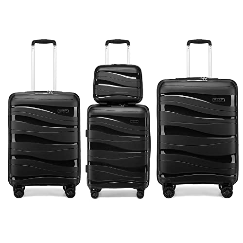 KONO Koffer Trolleys Gepäcksets 4 Teilig Kofferset mit Beautycase Polypropylen Hartschalenkoffer Reisekoffer mit 4 Rollen und TSA Schloss, Kofferset-XL-L-M-Handgepäck Kosmetikkoffer (Schwarz) von KONO