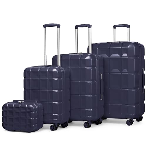 KONO Kofferset 4 Teilig Gepäck-Sets Hartschalenkoffer Reisekoffer Set Zwillingsrollen ABS Koffer Trolleys mit TSA Schloss 4 Rollen Kofferset mit Beautycase-M-L-XL-Set (4tlg. Kofferset, Dunkelblau) von KONO