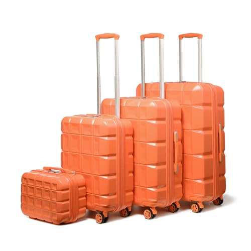 KONO Kofferset 4 Teilig Gepäck-Sets Hartschalenkoffer Reisekoffer Set Zwillingsrollen ABS Koffer Trolleys mit TSA Schloss 4 Rollen Kofferset mit Beautycase-M-L-XL-Set (4tlg. Kofferset, Orange) von KONO