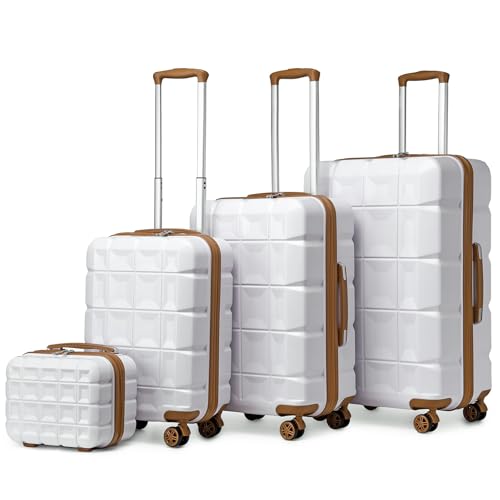 KONO 4-teiliges Gepäck-Set Hartschalenkoffer Reisekoffer Zwillingsrollen ABS Koffer Trolleys mit TSA Schloss 4 Rollen Kofferset mit Beautycase-M-L-XL-Set (Weiß) von KONO