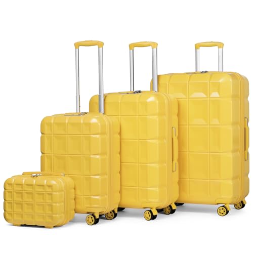 KONO Kofferset 4 Teilig Gepäck-Sets Hartschalenkoffer Reisekoffer Set Zwillingsrollen ABS Koffer Trolleys mit TSA Schloss 4 Rollen mit Beautycase-M-L-XL-Set (4tlg. Kofferset, Gelb) von KONO