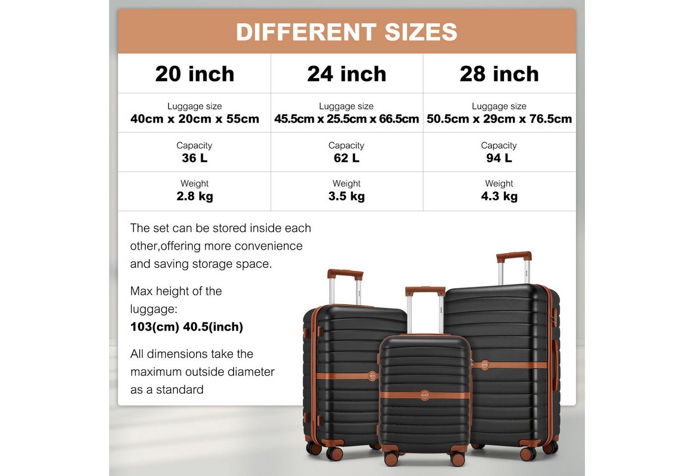 KONO Kofferset Hartschalenkoffer (55/66,5/76,5 cm Hoch)+Kabinentasche (44,5×33×19 cm), (4 tlg) von KONO
