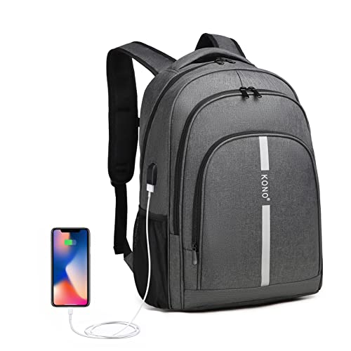 KONO Laptop Rucksack Business Laptoptasche für Schule Arbeit mit USB-Ladeanschluss Großer Leichter Schulrucksack Daypack für Damen Herren Jungen Mädchen für 15,6 Zoll Notebook (Grau) von KONO