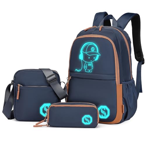 Kono Leuchtender Schulrucksack 3-in-1 Set, Anime Jungen Schulranzen Umhängetasche Federmäppchen, 15.6" Laptop Rucksack für Schüler Teenager Mädchen (Navy) von KONO