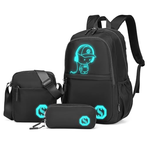 KONO Leuchtender Schulrucksack 3-in-1 Set, Anime Jungen Schulranzen Umhängetasche Federmäppchen, 15.6" Laptop Rucksack für Schüler Teenager Mädchen (Schwarz) von KONO