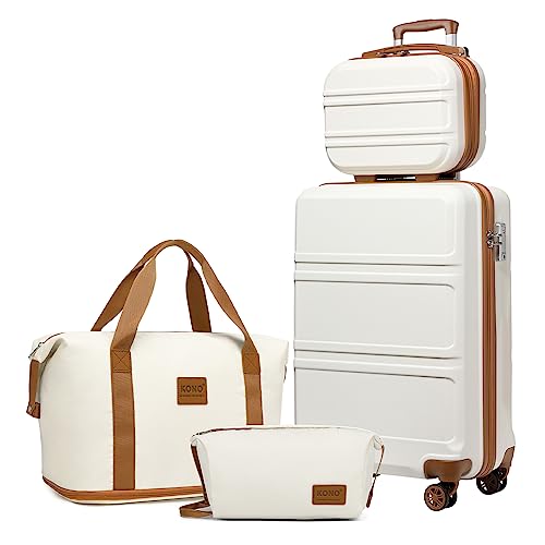 KONO Reisekoffer Set Gepäcksets 4 Teilig Kofferset, 55cm Handgepäck mit Beautycase Kosmetikkoffe mit handgepäck Reisetasche mit Kulturbeutel (Creme Weiß) von KONO