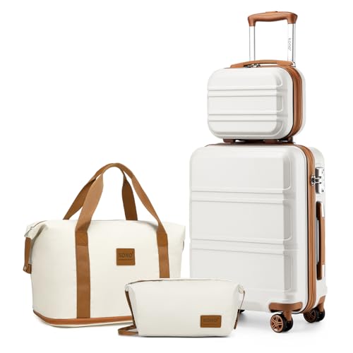 KONO Reisekoffer Set Gepäcksets 4 Teilig Kofferset, 55cm Handgepäck mit Beautycase Kosmetikkoffe mit handgepäck Reisetasche mit Kulturbeutel (Creme Weiß) von KONO