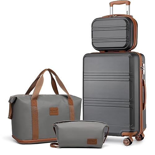 KONO Reisekoffer Set Gepäcksets 4 Teilig Kofferset, 55cm Handgepäck mit Beautycase Kosmetikkoffe mit handgepäck Reisetasche mit Kulturbeutel (Grau/Braun) von KONO