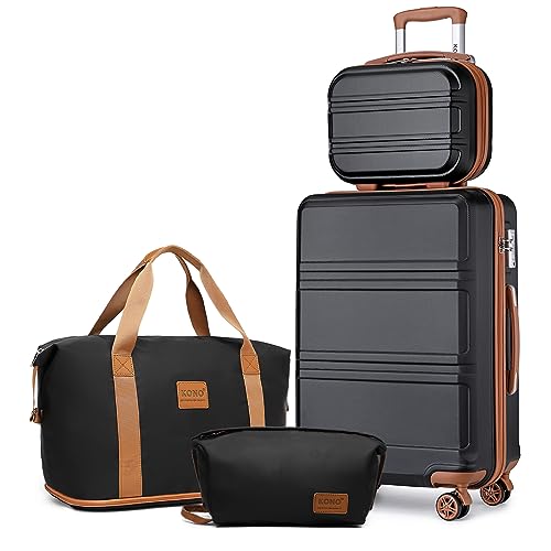 KONO Reisekoffer Set Gepäcksets 4 Teilig Kofferset, 55cm Handgepäck mit Beautycase Kosmetikkoffe mit handgepäck Reisetasche mit Kulturbeutel (Schwarz/Braun) von KONO