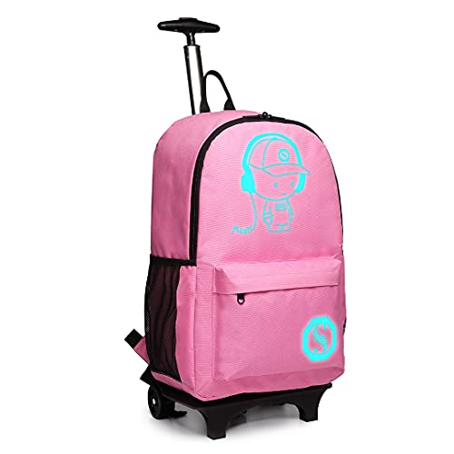 KONO Trolley Jungen Rucksack Kindergepäck mit Rollen Reflektierender Schulranzen für Teenager Herren Damen Reisen und Büro Outdoor Camping (Rosa) von KONO