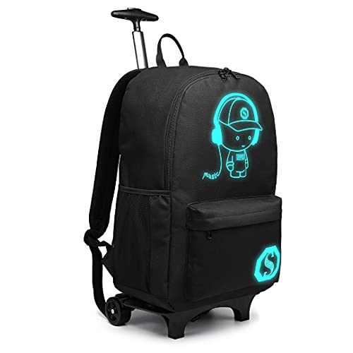 KONO Trolley Jungen Rucksack Kindergepäck mit Rollen Reflektierender Schulranzen für Teenager Herren Damen Reisen und Büro Outdoor Camping (Schwarz) von KONO