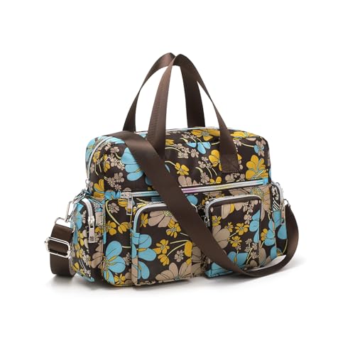 KONO leichte Damen Handtasche mit Blumenmuster, Wasserdichte Henkeltasche, Groß Umhängetasche für Frauen, Multifunktionale Schultertasche für Arbeit, Shopper, Reisen (Braun) von KONO