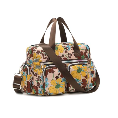 KONO leichte Damen Handtasche mit Blumenmuster, Wasserdichte Henkeltasche, Groß Umhängetasche für Frauen, Multifunktionale Schultertasche für Arbeit, Shopper, Reisen (Khaki) von KONO