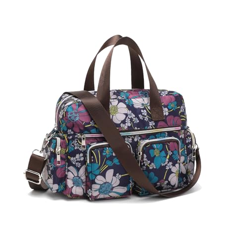 KONO leichte Damen Handtasche mit Blumenmuster, Wasserdichte Henkeltasche, Groß Umhängetasche für Frauen, Multifunktionale Schultertasche für Arbeit, Shopper, Reisen (Marine) von KONO