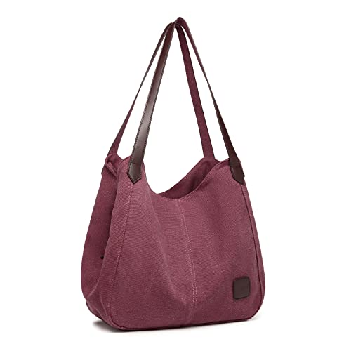 KONO Damen Canvas Schultertasche Vintage Hobo Handtasche Umhängentasche Shopper Tasche für Arbeit Schule Reise(Claret) von KONO