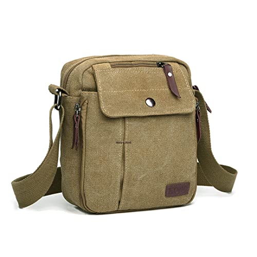 KONO Kleine Canvas Umhängetasche Retro Umhängetasche mit Mehreren Taschen Damen Herren Umhängetasche zum Arbeiten Einkaufen Täglich verwendetes Taschenpaket(Khaki) von KONO