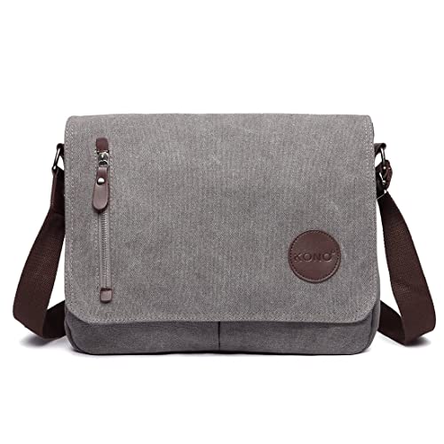 KONO Leinwand Laptop Messenger Taschen 13,5 Zoll Canvas Satchel Messenger Schultertasche Umhängetaschen für Herren Arbeits-Laptoptasche (Grau) von KONO