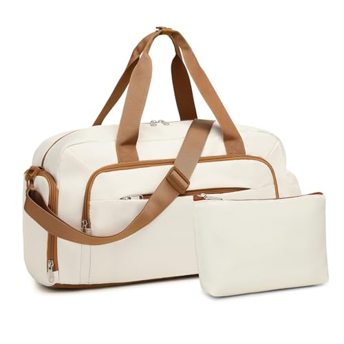 Kono Reisetasche Handgepäck Ryanair, Weekender Tasche Damen Herren 47x25x20 cm, Sporttasche, Gymtasche, Kliniktasche mit Schuhfach & Kosmetiktasche (Beige/Braun) von KONO