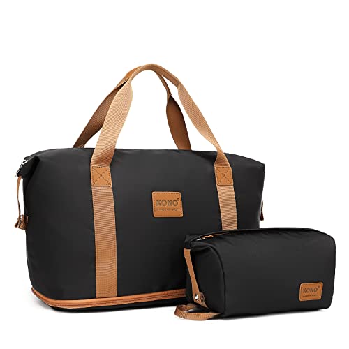 Kono Reisetasche mit Einer Kosmetiktasche, 36 l,trocken und nass, getrennter Sport-Turnbeutel für Damen und Herren, wasserdicht, Handgepäcktasche, Einkaufstasche, Schwarz/Braun von KONO