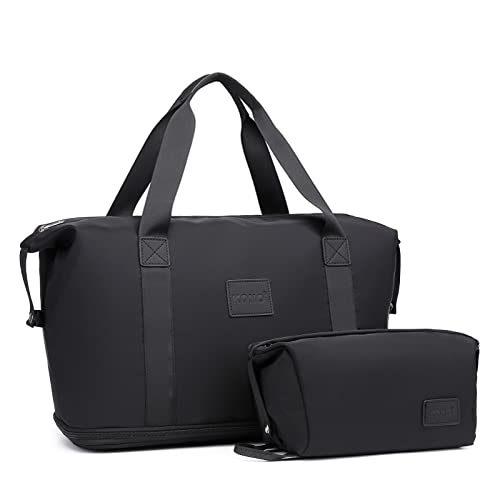 Kono Reisetasche mit Einer Kosmetiktasche, 36 l,trocken und nass, getrennter Sport-Turnbeutel für Damen und Herren, wasserdicht, Handgepäcktasche, Einkaufstasche, Schwarz, Reisetasche von KONO