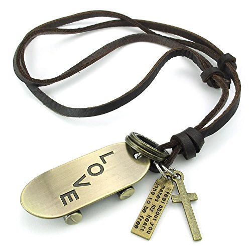 KONOV Herren Damen Love Skateboard Kreuz Anhänger Leder Halskette Kette, braun gold von KONOV