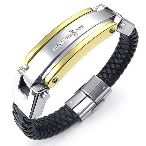 KONOV Jewellery Herren Edelstahl Zirkonia Leder Armband, Kreuz, Schwarz Silber Gold (mit Geschenk Tüte) von KONOV