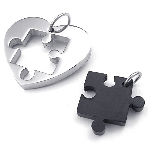 KONOV Schmuck 2 Anhänger Freundschaft Halskette Liebe für Damen und Herren – 2 Kette (45 cm und 55 cm) – Herz Puzzle – Edelstahl Fantaisie Verliebte – Farbe Schwarz Silber von KONOV