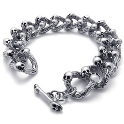 KONOV Schmuck Herren Armband, Biker, Schädel Totenkopf, Gothic Link, Gothic, Leder Edelstahl, Schwarz Silber (mit Geschenkbeutel) von KONOV