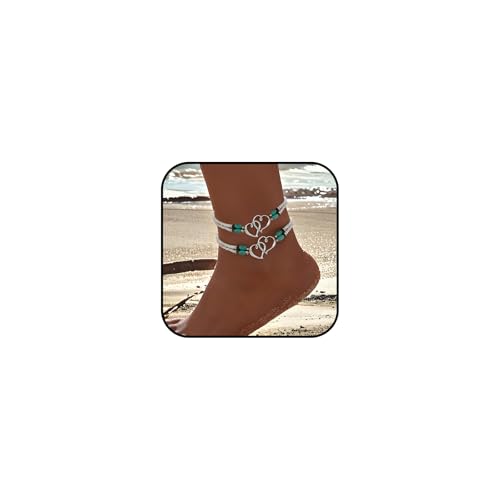 KONPJE Elastisches Perlen-Fußkettchen für Damen, doppellagiges Perlen-Fußkettchen, hohle Herzen, Stretch-Fußkettchen, niedlicher Boho-Herz-Fußschmuck für Sommer, Strand, Hochzeit, Tanz, Yoga von KONPJE