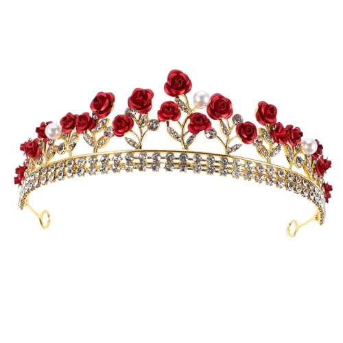 KONTONTY Rote Rosen Hochzeit Krone Braut Tiara mit Funkelnden Strasssteinen Leichter Legierungs Haarschmuck Komfortabel und Stabil für Romantische Hochzeitsfeiern und Besondere Anlässe von KONTONTY
