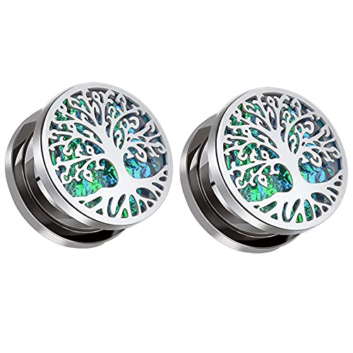 KOOBODY2 STÜCKE Edelstahl Schraube Zurück Fit Grün Lebensbaum Ohrstöpsel Tunnel Messgeräte für Ohr Frauen Piercing Schmuck 00g bis 1 Zoll (8mm-25mm) von KOOBODY
