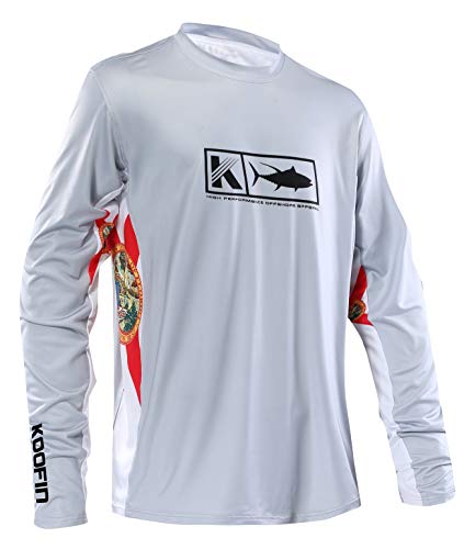 Performance Angelshirt belüftetes Langarmhemd Sonnenschutz LSF 50 Feuchtigkeitstransport Rashguard mit Netzseiten, lockere Passform - Grau - Groß von KOOFIN GEAR