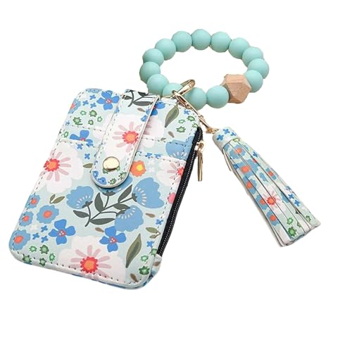 Women's Boho Style Beaded & Tassel Decorated Keychain with Flower Pattern Wallet Small Credit Card Tickets Keys Holder (Blue) von KOOMAL
