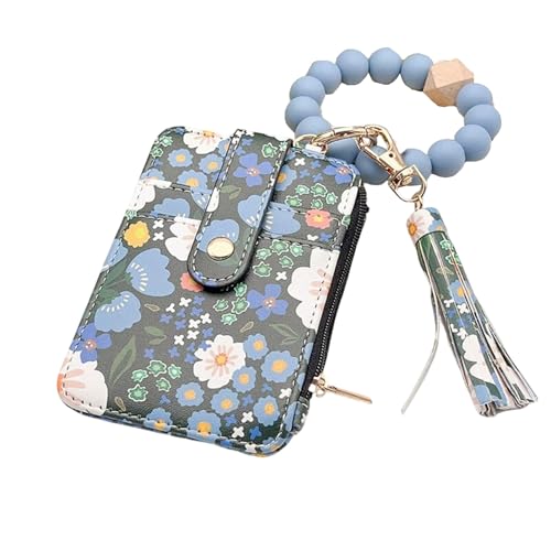 Women's Boho Style Beaded & Tassel Decorated Keychain with Flower Pattern Wallet Small Credit Card Tickets Keys Holder (Dark Blue) von KOOMAL
