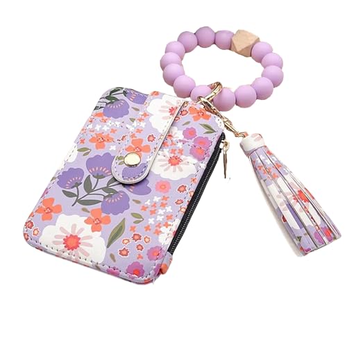 Women's Boho Style Beaded & Tassel Decorated Keychain with Flower Pattern Wallet Small Credit Card Tickets Keys Holder (Purple) von KOOMAL