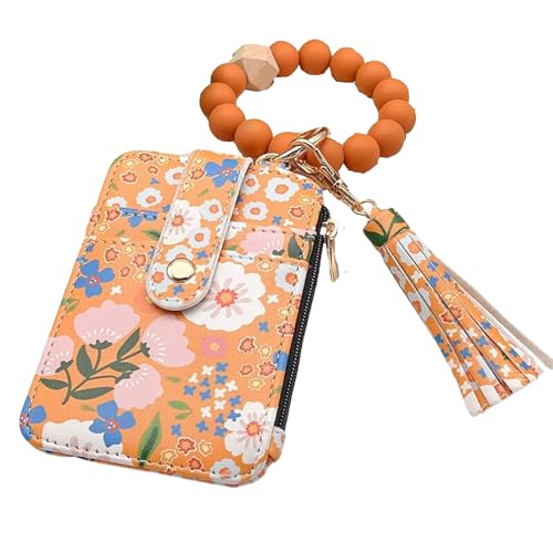 Women's Boho Style Beaded & Tassel Decorated Keychain with Flower Pattern Wallet Small Credit Card Tickets Keys Holder (Yellow) von KOOMAL