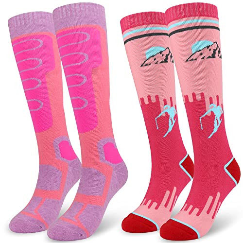 2 Paar Damen Sportsocken Skisocken Kniehohe Thermosocken, lange Schlauch, dicke, warme Baumwollsocken für Mädchen, multifunktional, Outdoor-Skifahren, Wandern, Reitsocken, Pink, 42 von KOOOGEAR