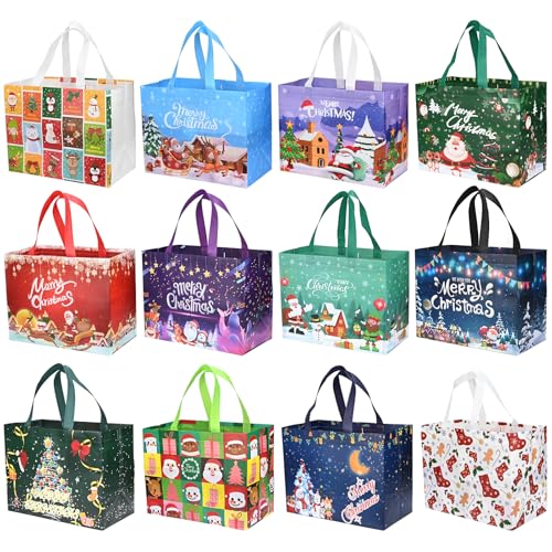 KOOOGEAR 12 Stück Geschenktüten Weihnachten,Non Woven Weihnachtstaschen Weihnachtstüten Geschenktaschen mit Griffen, Wiederverwendbare Weihnachtsgeschenktüten, Weihnachts Geschenktüten,32 * 25 * 17cm von KOOOGEAR