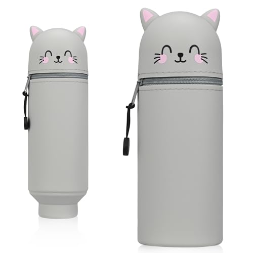 KOOOGEAR 2-in-1 Silikon Federmäppchen,Kawaii Federmäppchen,Mäppchen,Stand Up Federmäppchen,Tier Stifthalter, Stifthalter Bleistifttasche Mädchen Junge (Graue Katze) von KOOOGEAR